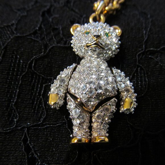 SWAROVSKI Swan Signed Jointed Crystal Teddy Bear Pendant Necklace Retired - Picture 3 of 16